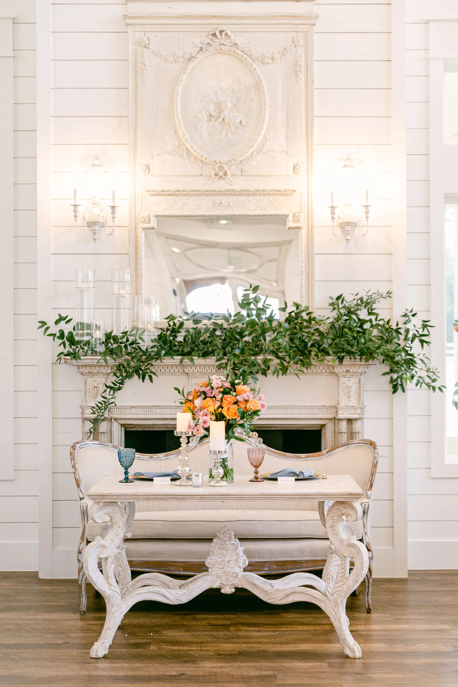 Horizontal table setting detail inside the reception hall.